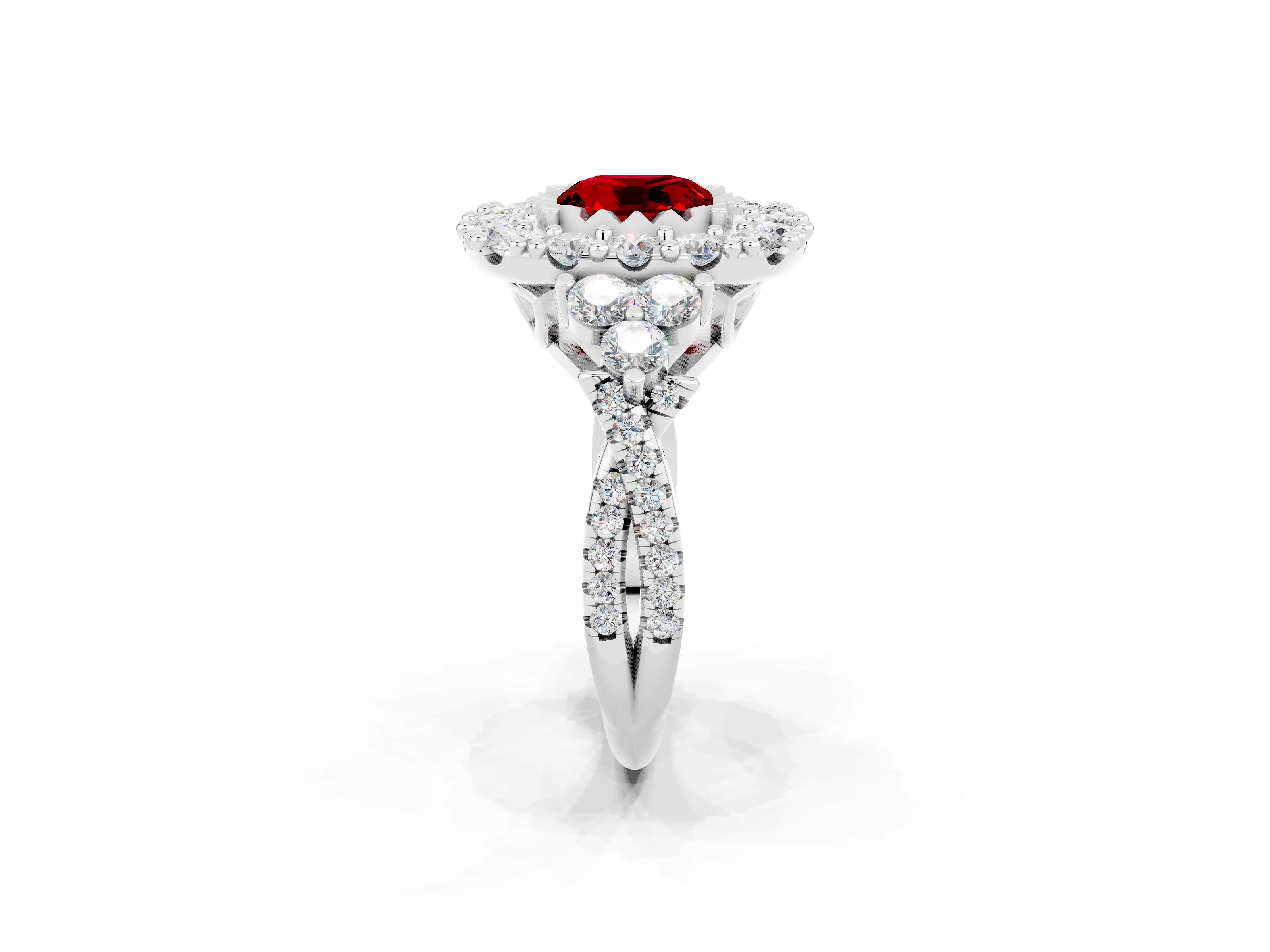 White gold Cushion Cut Ruby Halo Ring with Pavé Band and Four-Prong Setting_14