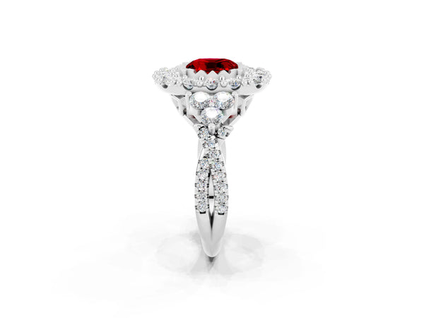 Silver Cushion Cut Ruby Halo Ring with Pavé Band and Four-Prong Setting