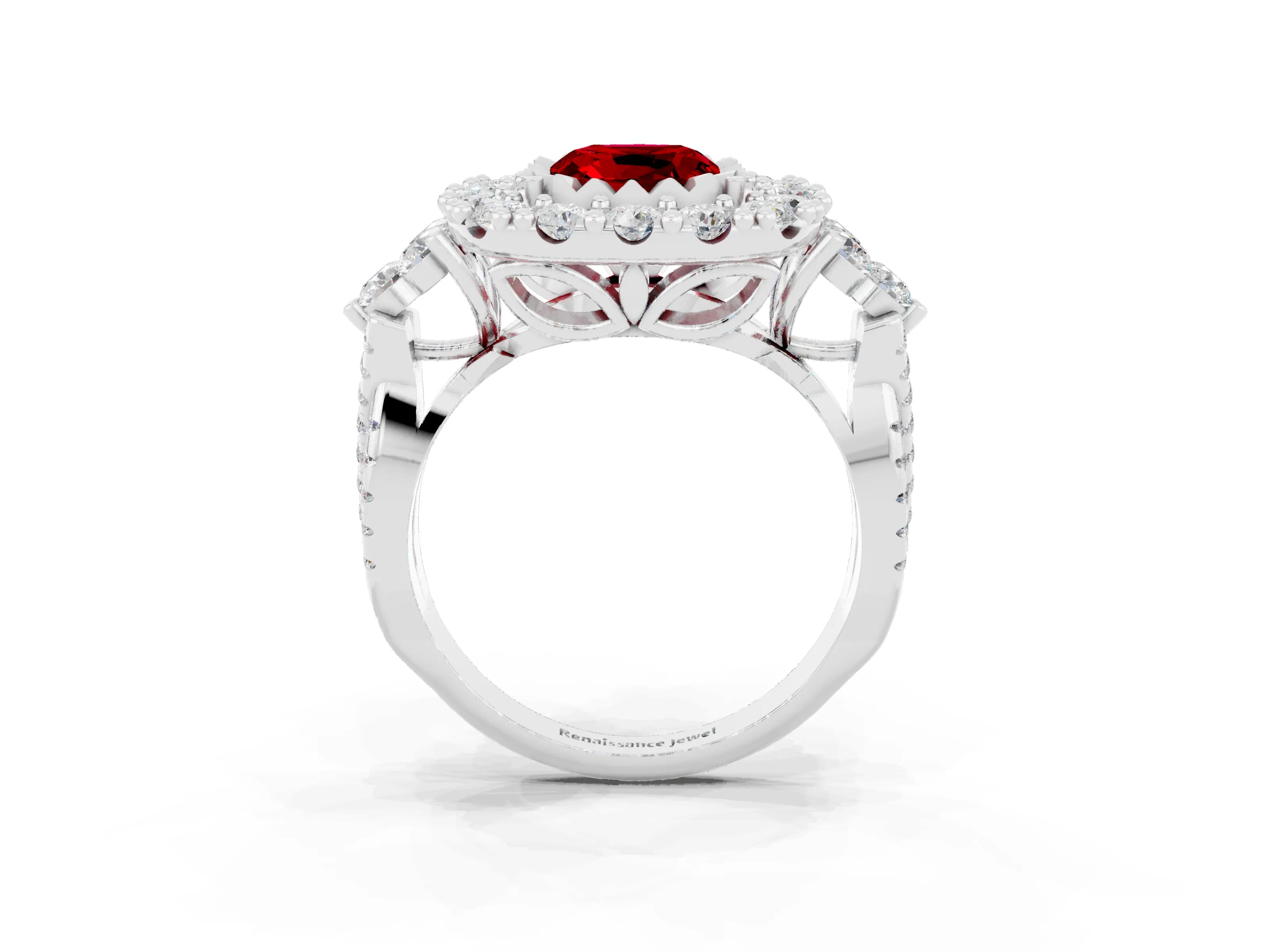 White gold Cushion Cut Ruby Halo Ring with Pavé Band and Four-Prong Setting_15