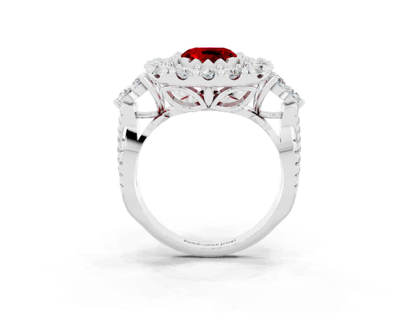 Silver Cushion Cut Ruby Halo Ring with Pavé Band and Four-Prong Setting