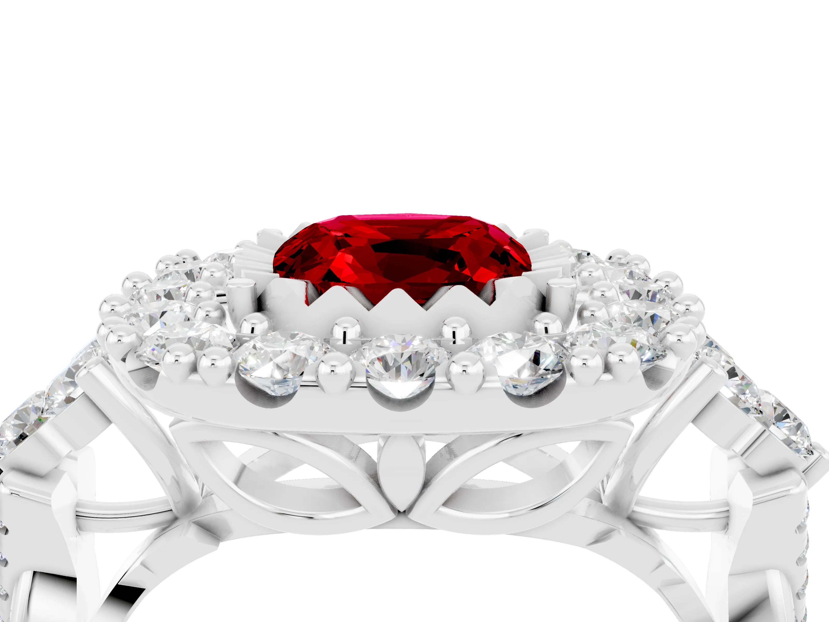 White gold Cushion Cut Ruby Halo Ring with Pavé Band and Four-Prong Setting_16