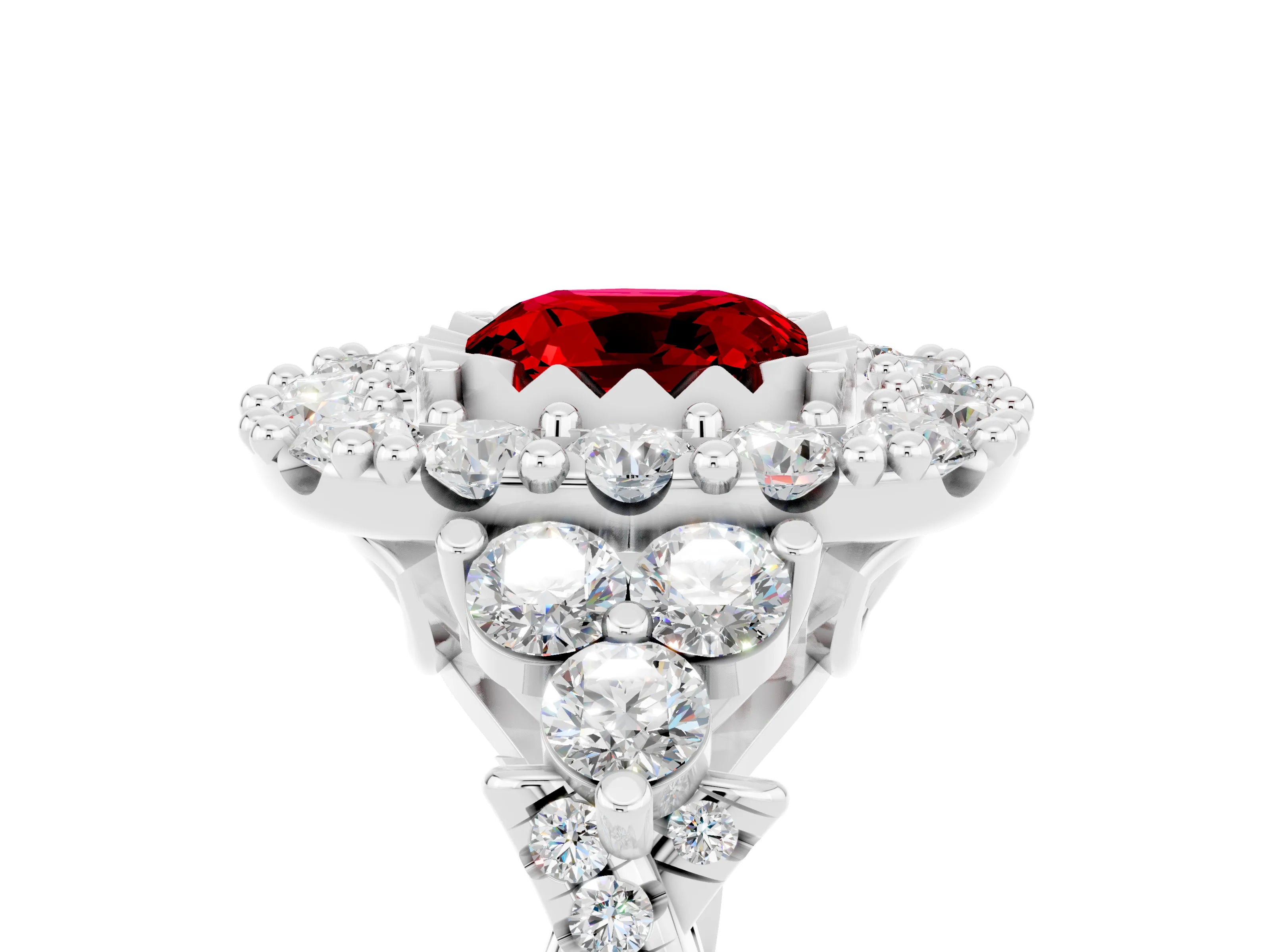 White gold Cushion Cut Ruby Halo Ring with Pavé Band and Four-Prong Setting_17