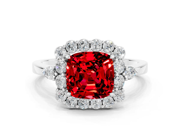 Platinum Cushion Cut Ruby Halo Ring with Pear Side Stones and Prong Setting