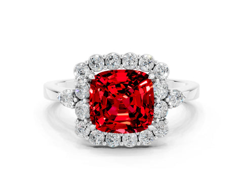 White gold Cushion Cut Ruby Halo Ring with Pear Side Stones and Prong Setting_24
