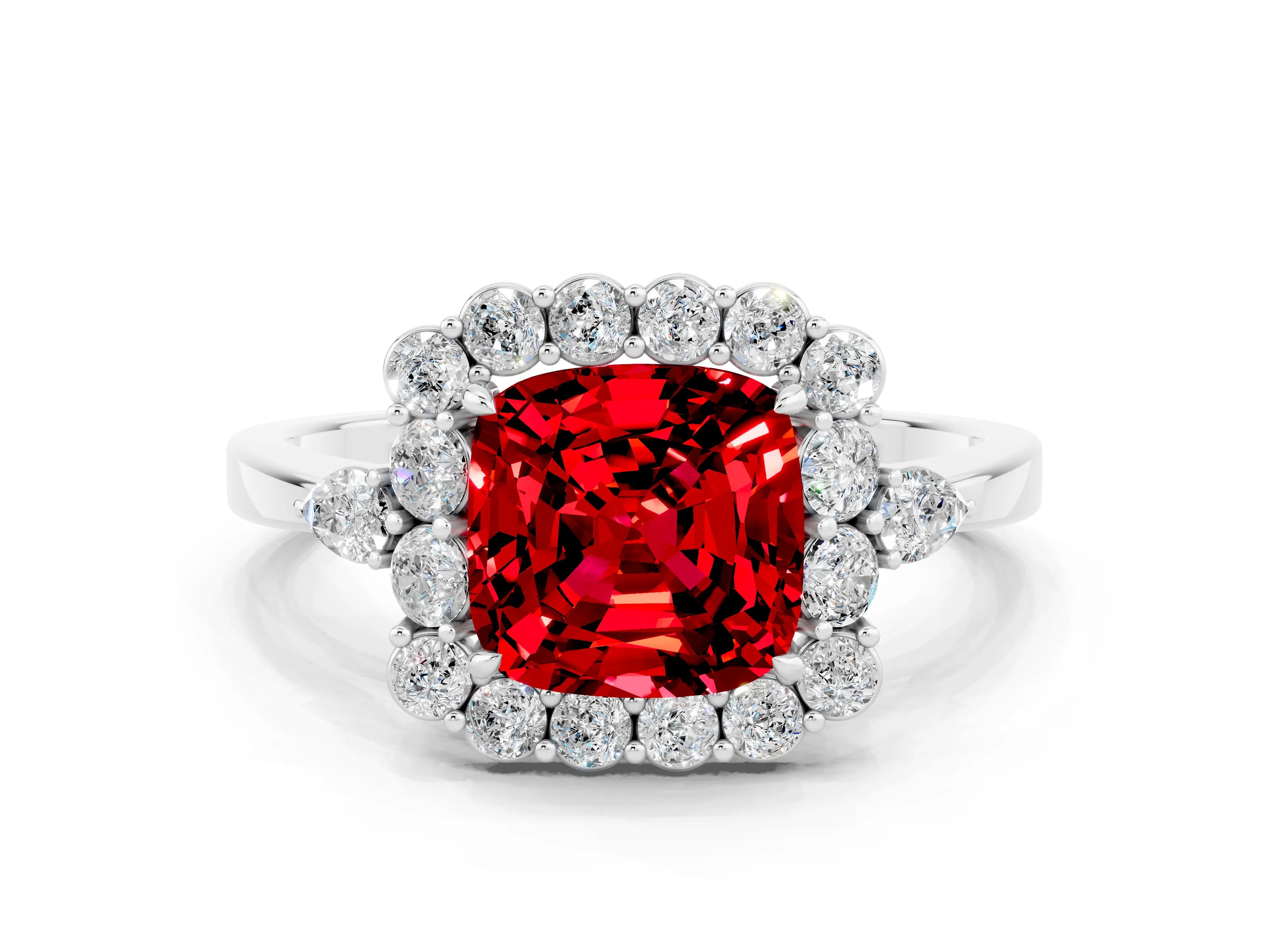 White gold Cushion Cut Ruby Halo Ring with Pear Side Stones and Prong Setting_24