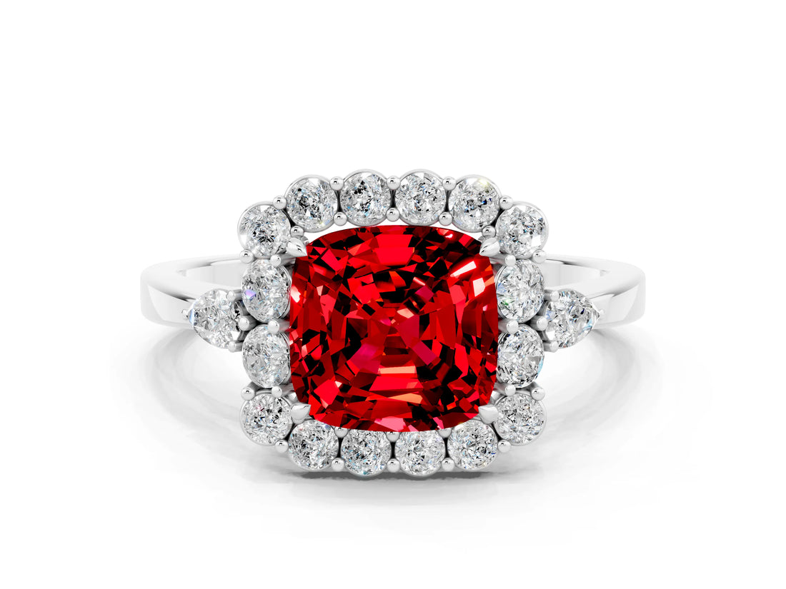 14K White Gold 2.27 Carat Cushion Ruby Halo Ring with Pear Side Stones and Prong Setting