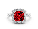 14K White Gold 2.27 Carat Cushion Ruby Halo Ring with Pear Side Stones and Prong Setting