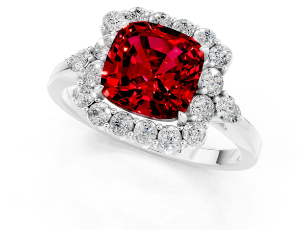 Platinum Cushion Cut Ruby Halo Ring with Pear Side Stones and Prong Setting