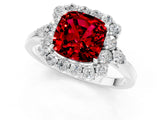 14K White Gold 2.27 Carat Cushion Ruby Halo Ring with Pear Side Stones and Prong Setting