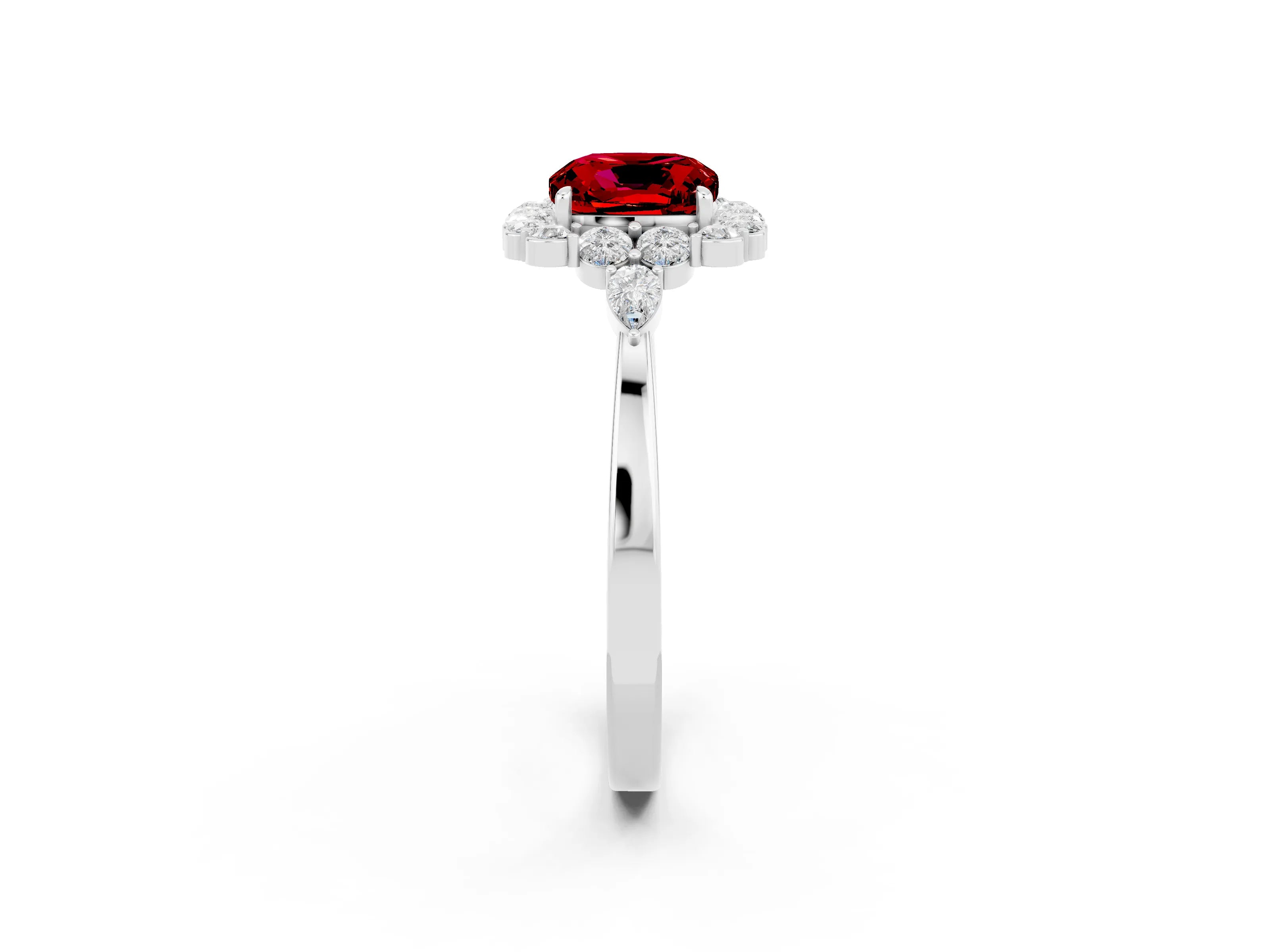 White gold Cushion Cut Ruby Halo Ring with Pear Side Stones and Prong Setting_26