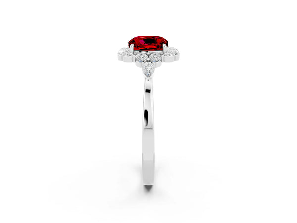 Silver Cushion Cut Ruby Halo Ring with Pear Side Stones and Prong Setting