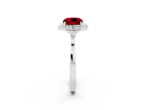 White gold Cushion Cut Ruby Halo Ring with Pear Side Stones and Prong Setting_26