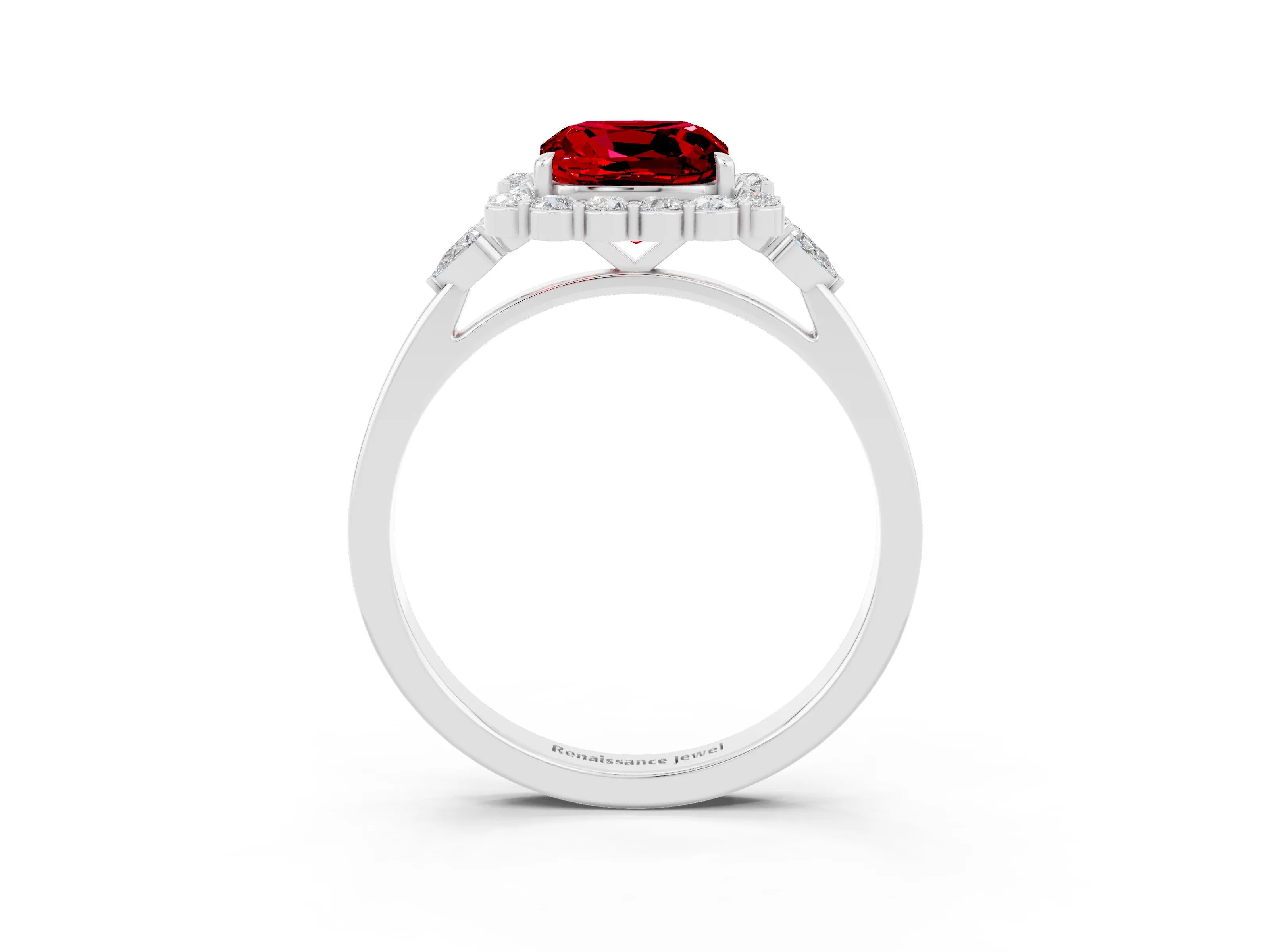 White gold Cushion Cut Ruby Halo Ring with Pear Side Stones and Prong Setting_27
