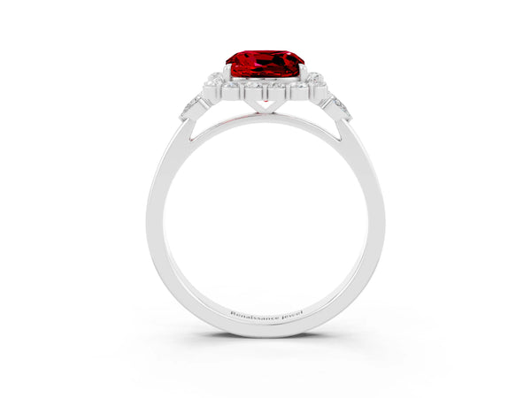 Platinum Cushion Cut Ruby Halo Ring with Pear Side Stones and Prong Setting