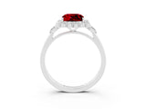 14K White Gold 2.27 Carat Cushion Ruby Halo Ring with Pear Side Stones and Prong Setting