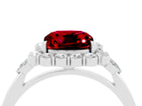 14K White Gold 2.27 Carat Cushion Ruby Halo Ring with Pear Side Stones and Prong Setting