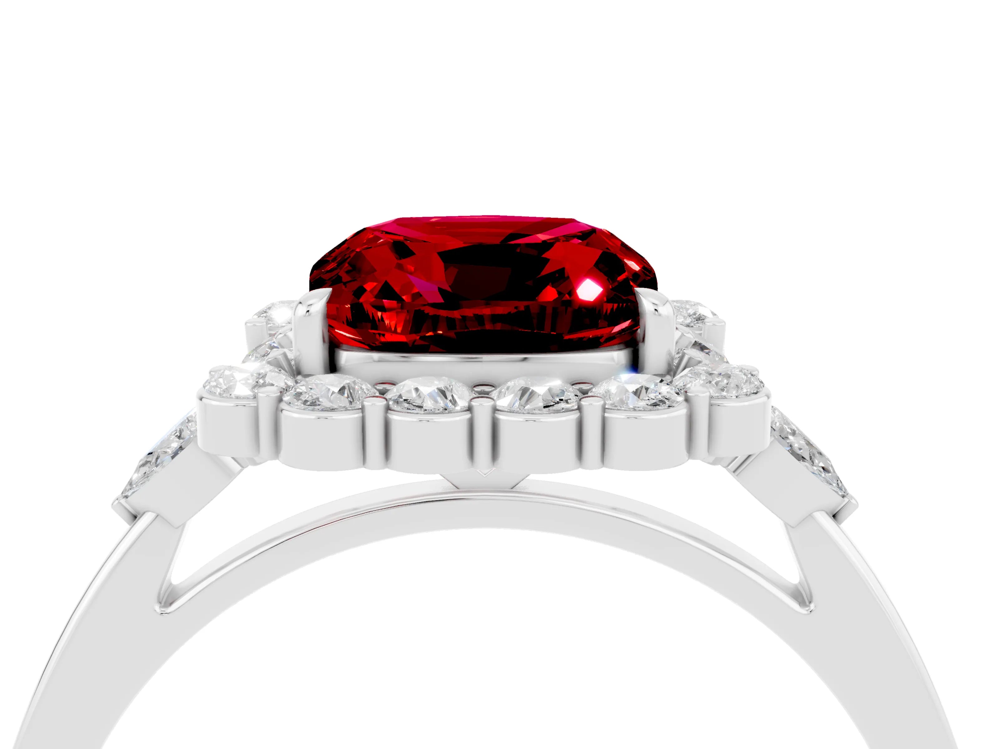 White gold Cushion Cut Ruby Halo Ring with Pear Side Stones and Prong Setting_28
