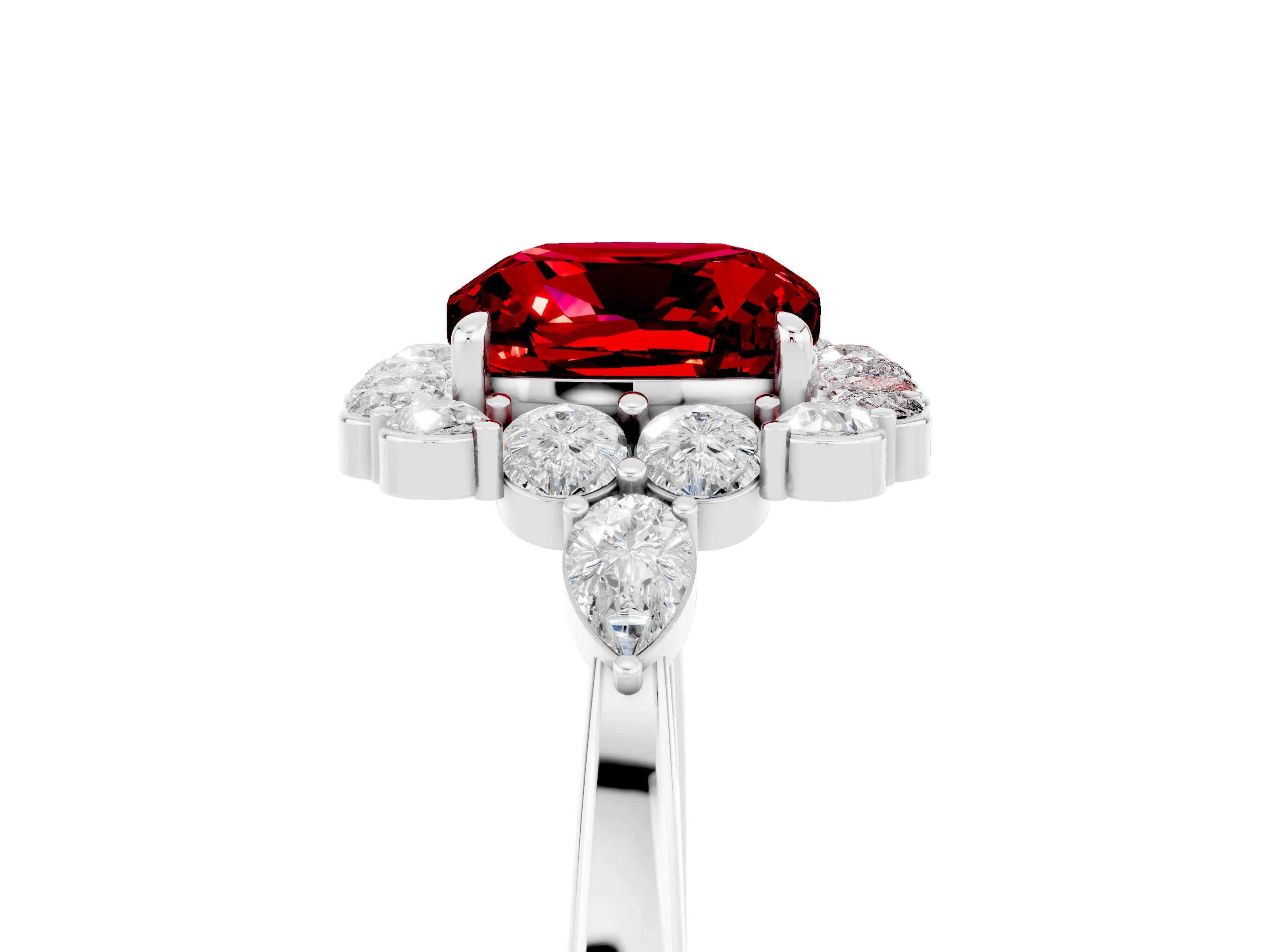 White gold Cushion Cut Ruby Halo Ring with Pear Side Stones and Prong Setting_29