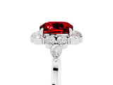 14K White Gold 2.27 Carat Cushion Ruby Halo Ring with Pear Side Stones and Prong Setting