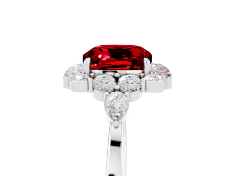 White gold Cushion Cut Ruby Halo Ring with Pear Side Stones and Prong Setting_29