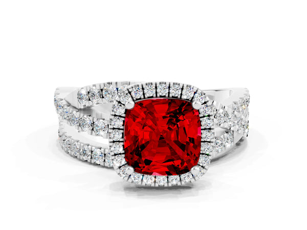 Platinum Cushion Cut Ruby Halo Ring with Round Split Shank and Prong Setting