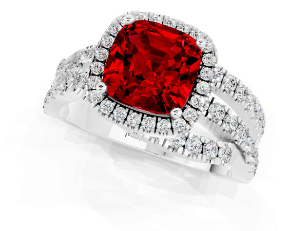 Silver Cushion Cut Ruby Halo Ring with Round Split Shank and Prong Setting