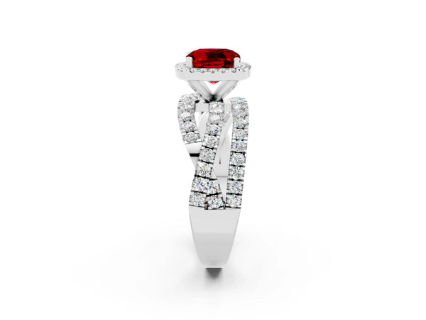 Platinum Cushion Cut Ruby Halo Ring with Round Split Shank and Prong Setting