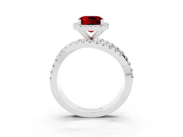 White gold Cushion Cut Ruby Halo Ring with Round Split Shank and Prong Setting