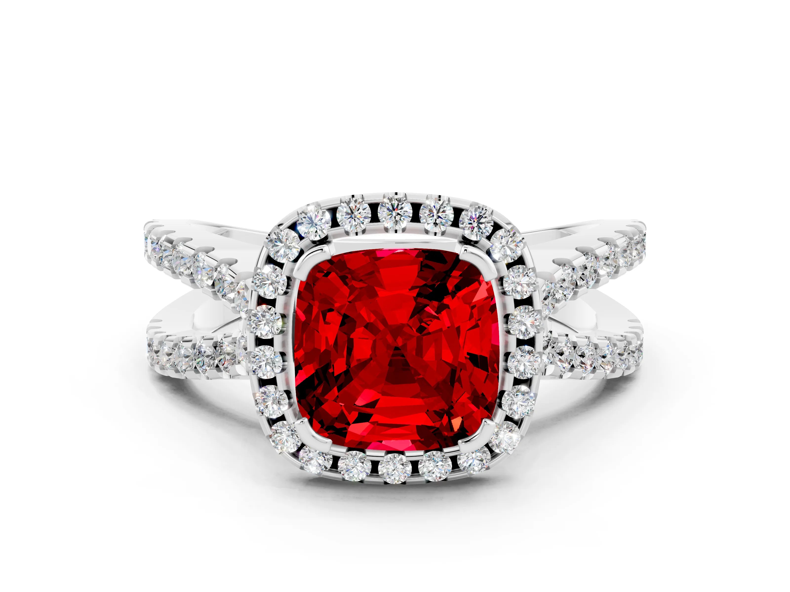White gold Cushion Cut Ruby Halo Ring with Split Shank Pavé Band and Prong Setting