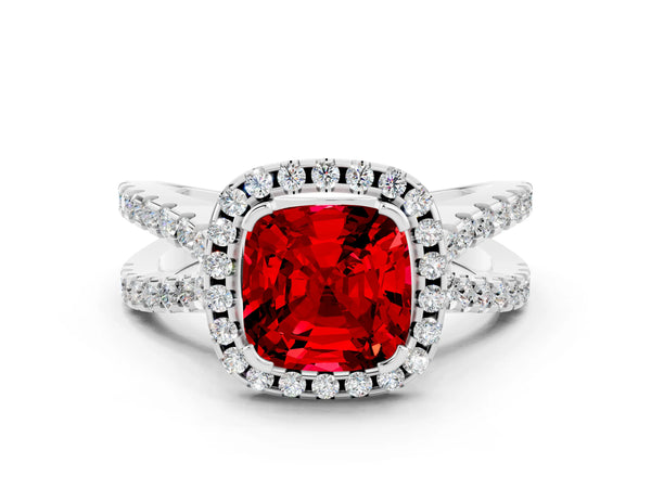 Platinum Cushion Cut Ruby Halo Ring with Split Shank Pavé Band and Prong Setting