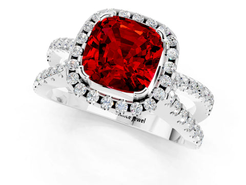 White gold Cushion Cut Ruby Halo Ring with Split Shank Pavé Band and Prong Setting_1