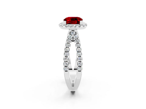 White gold Cushion Cut Ruby Halo Ring with Split Shank Pavé Band and Prong Setting_2