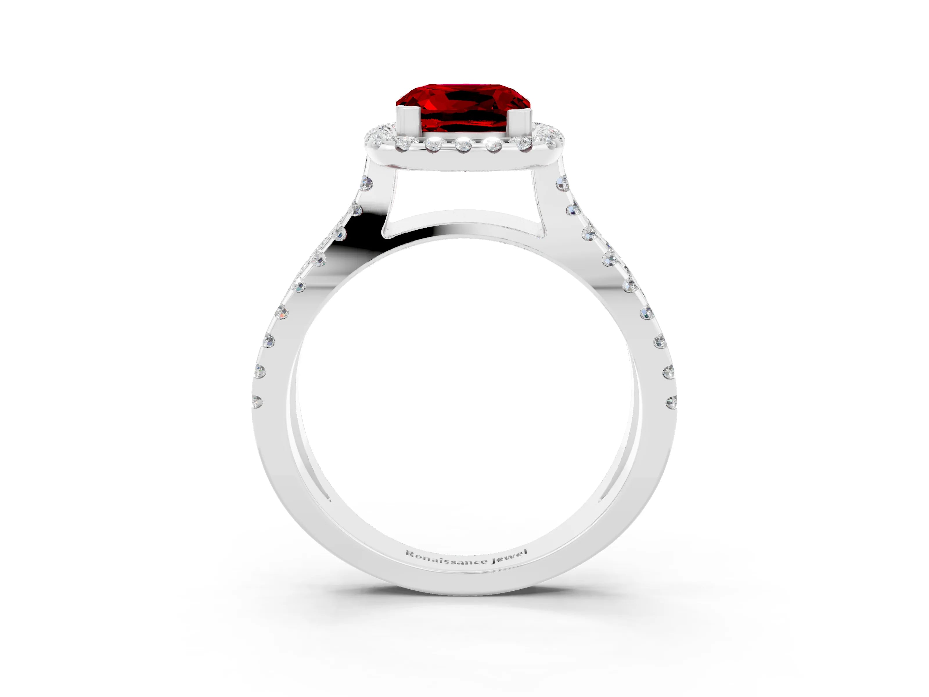 White gold Cushion Cut Ruby Halo Ring with Split Shank Pavé Band and Prong Setting_3