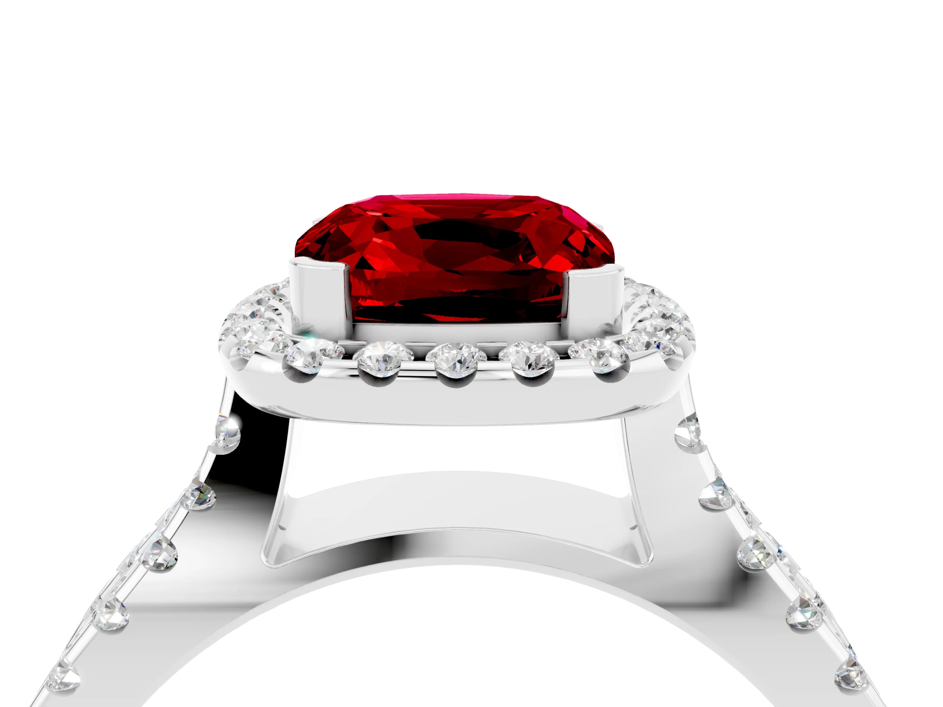 White gold Cushion Cut Ruby Halo Ring with Split Shank Pavé Band and Prong Setting_4