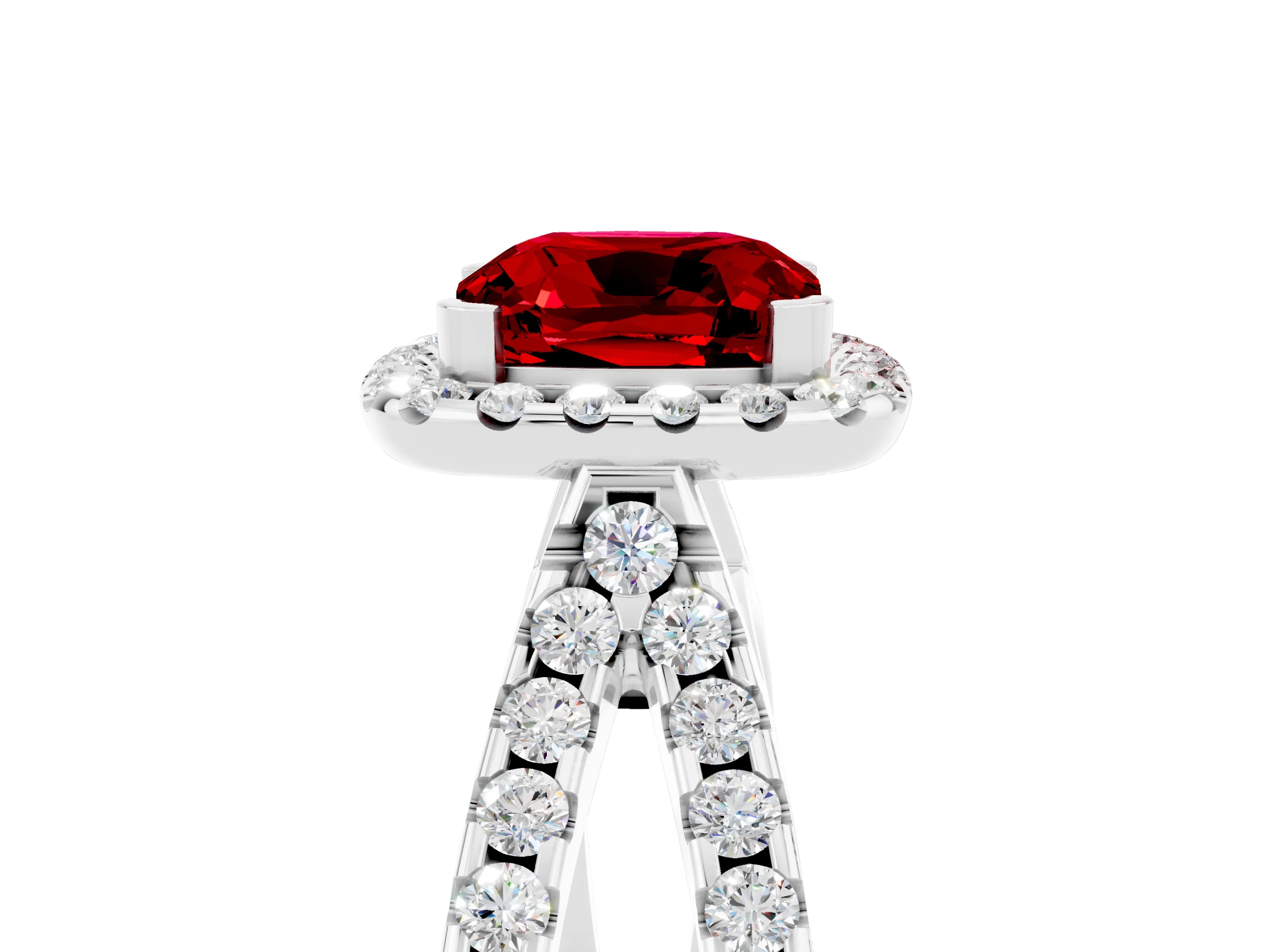 White gold Cushion Cut Ruby Halo Ring with Split Shank Pavé Band and Prong Setting_5
