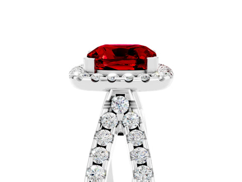 White gold Cushion Cut Ruby Halo Ring with Split Shank Pavé Band and Prong Setting_5