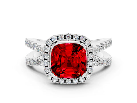 White gold Cushion Cut Ruby Halo Ring with Split Shank Pavé Band and Prong Setting