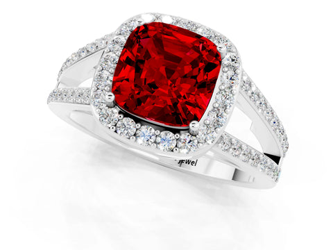 White gold Cushion Cut Ruby Halo Ring with Split Shank U-Prong Band and Four-Prong Setting_1