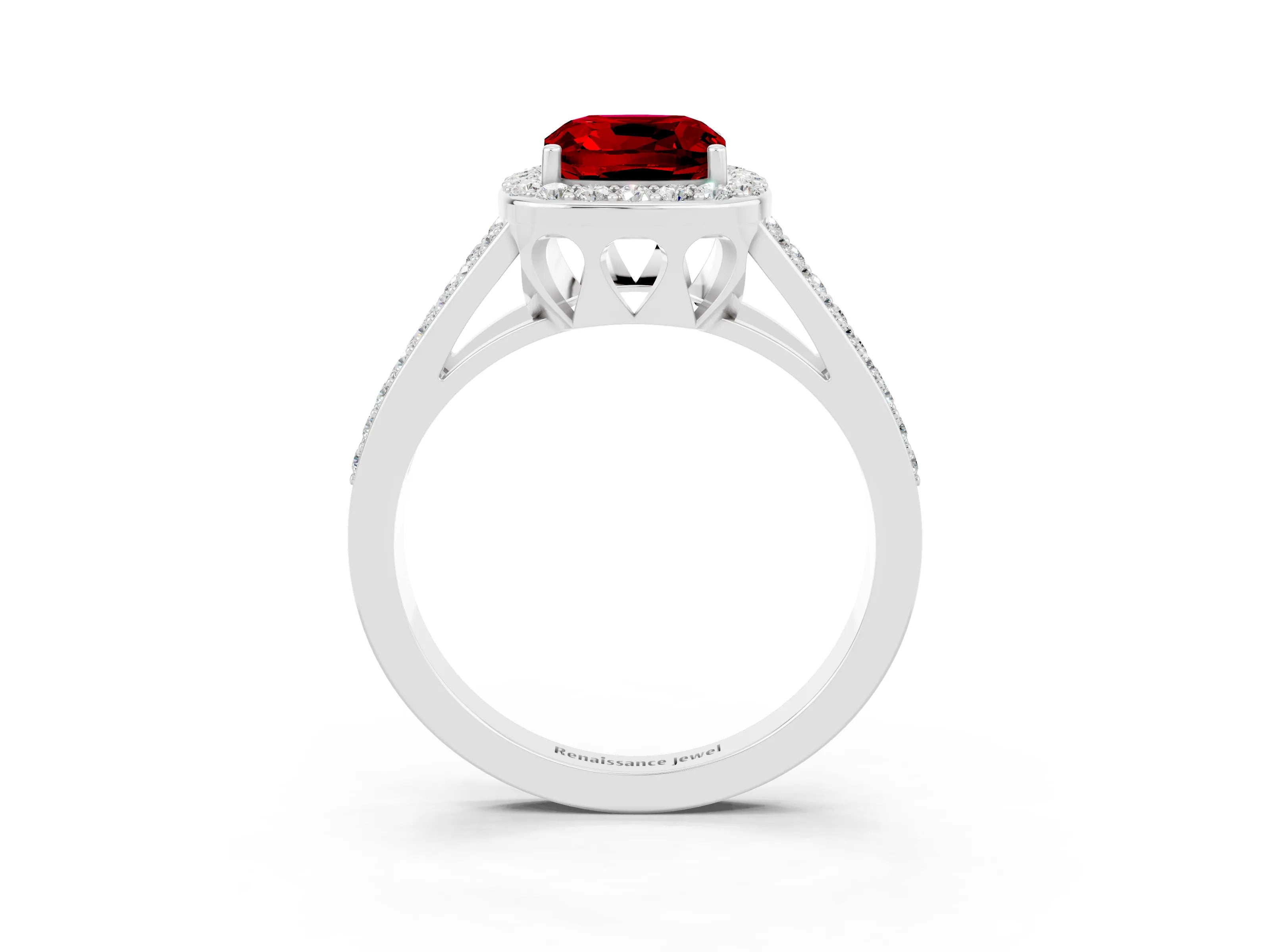 White gold Cushion Cut Ruby Halo Ring with Split Shank U-Prong Band and Four-Prong Setting_3