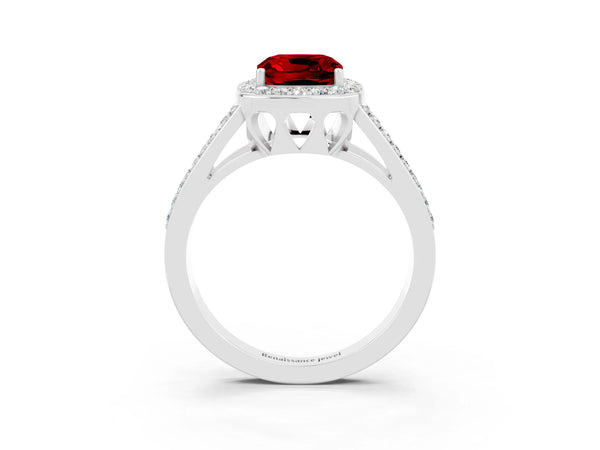 White gold Cushion Cut Ruby Halo Ring with Split Shank U-Prong Band and Four-Prong Setting