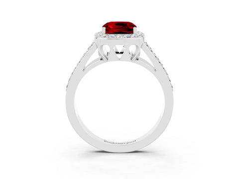 White gold Cushion Cut Ruby Halo Ring with Split Shank U-Prong Band and Four-Prong Setting_3