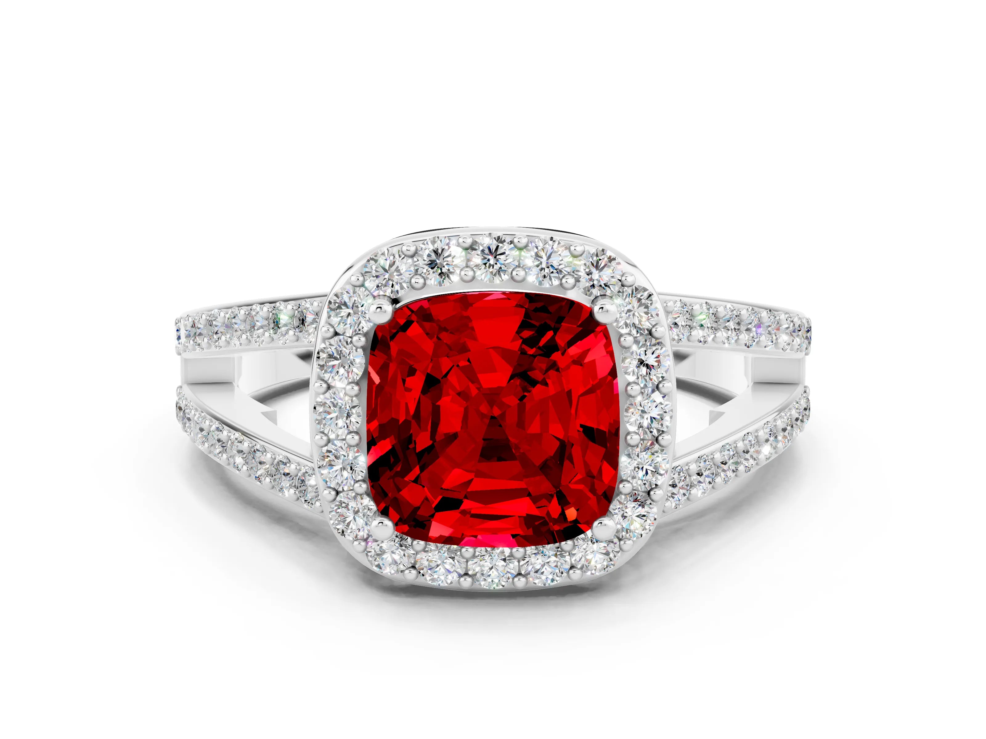 White gold Cushion Cut Ruby Halo Ring with Split Shank U-Prong Band and Four-Prong Setting