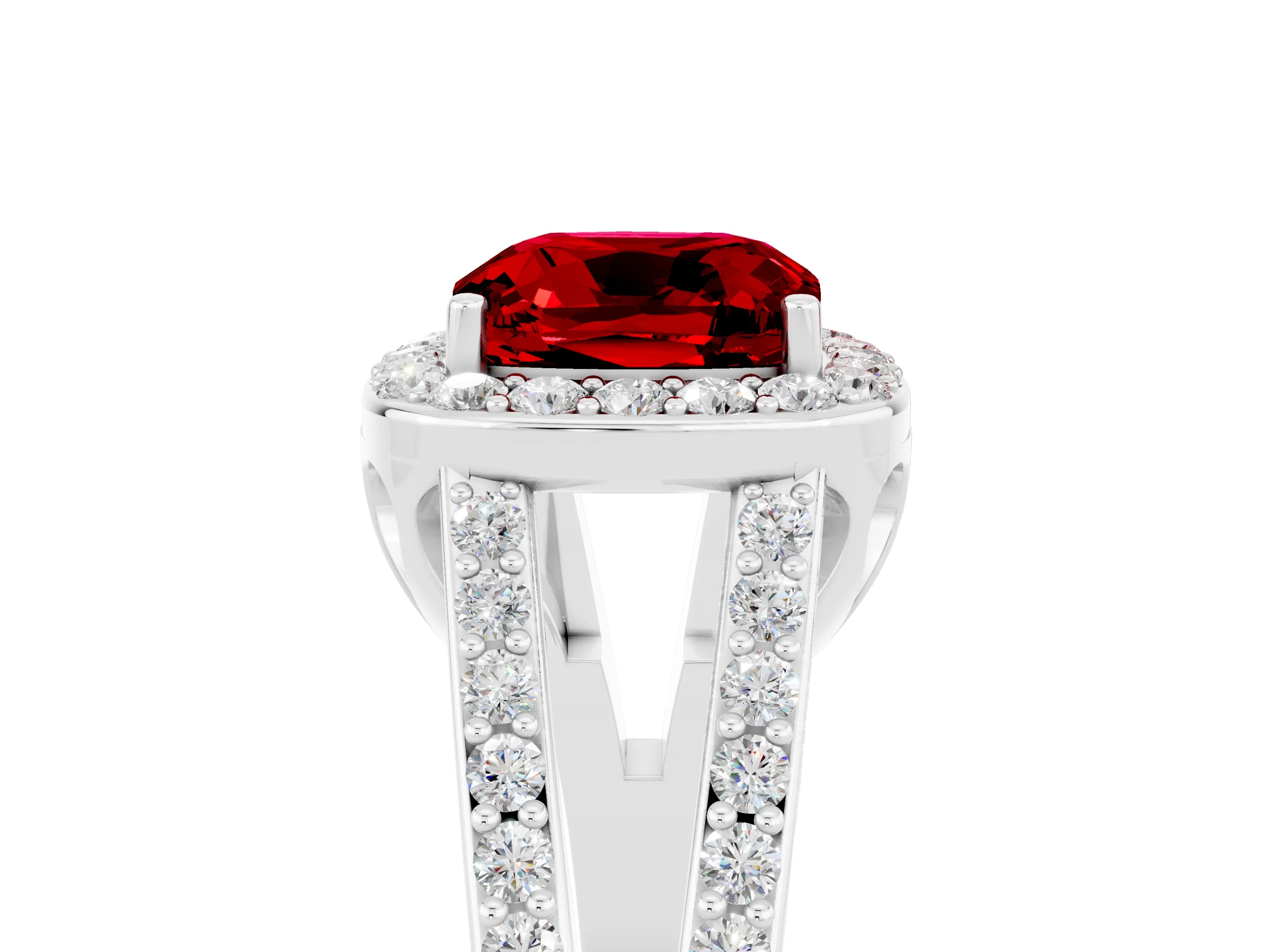 White gold Cushion Cut Ruby Halo Ring with Split Shank U-Prong Band and Four-Prong Setting_5