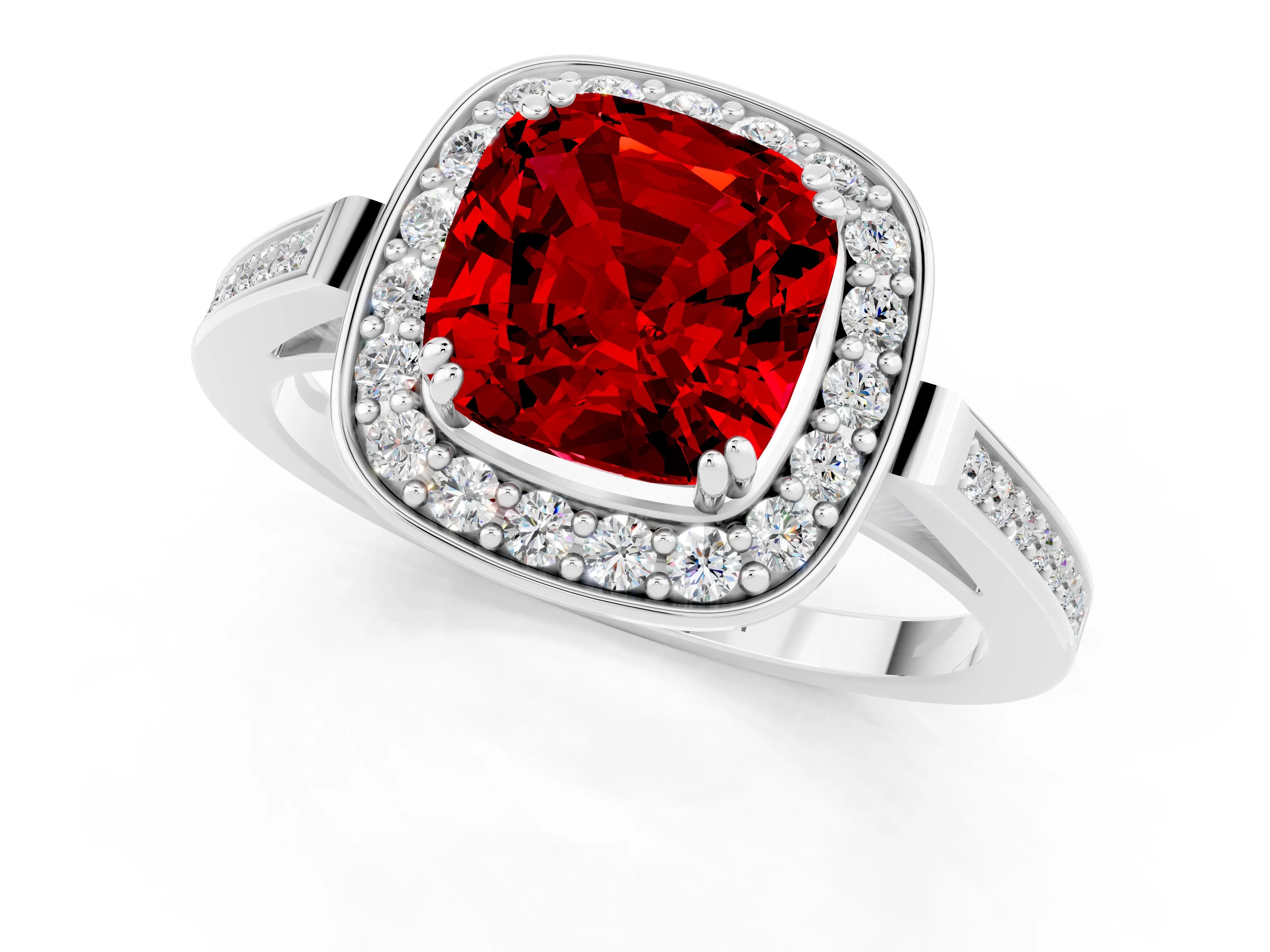 White gold Cushion Cut Ruby Halo Ring with Split Shank and Four-Prong Setting_1
