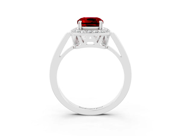 Silver Cushion Cut Ruby Halo Ring with Split Shank and Four-Prong Setting