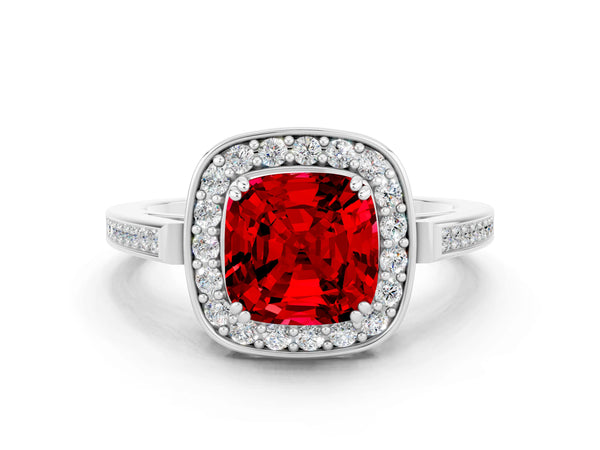 Platinum Cushion Cut Ruby Halo Ring with Split Shank and Four-Prong Setting