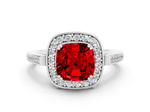 White gold Cushion Cut Ruby Halo Ring with Split Shank and Four-Prong Setting_12