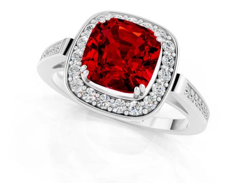 White gold Cushion Cut Ruby Halo Ring with Split Shank and Four-Prong Setting_13
