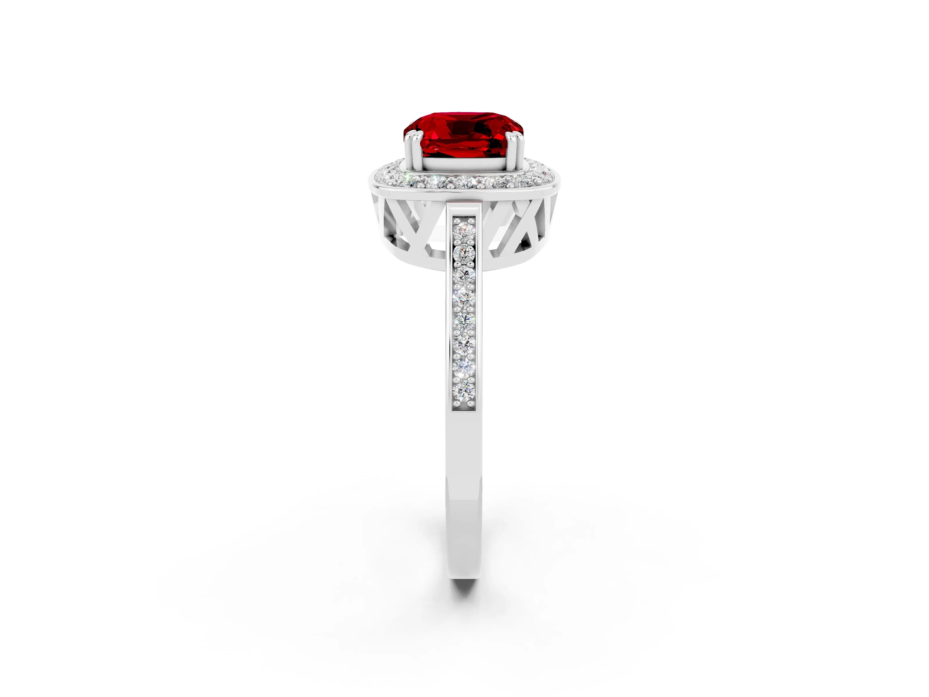 White gold Cushion Cut Ruby Halo Ring with Split Shank and Four-Prong Setting_14