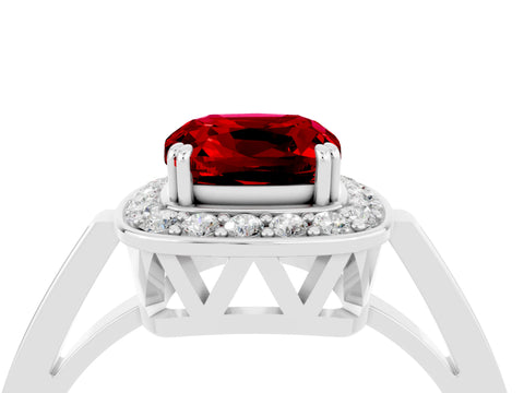 White gold Cushion Cut Ruby Halo Ring with Split Shank and Four-Prong Setting_16